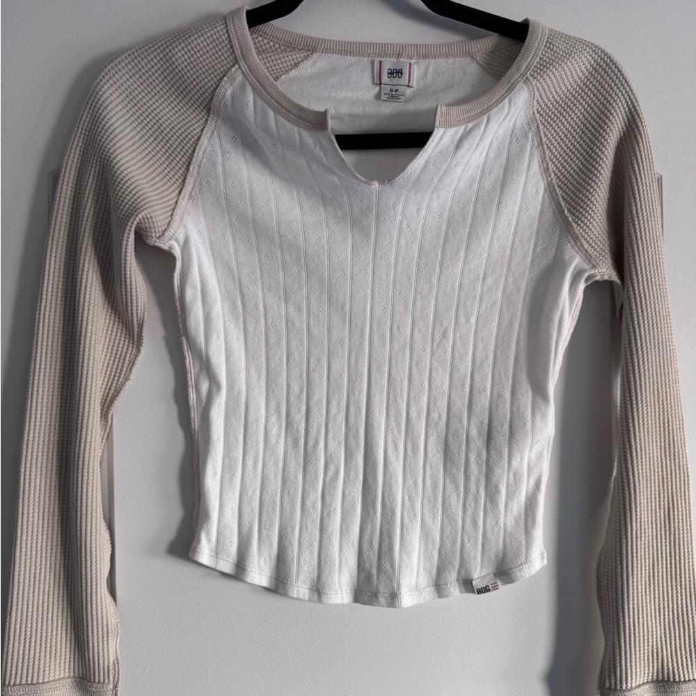 BDG Cropped Ribbed Long Sleeve Top – Cream & Oatmeal – Size S